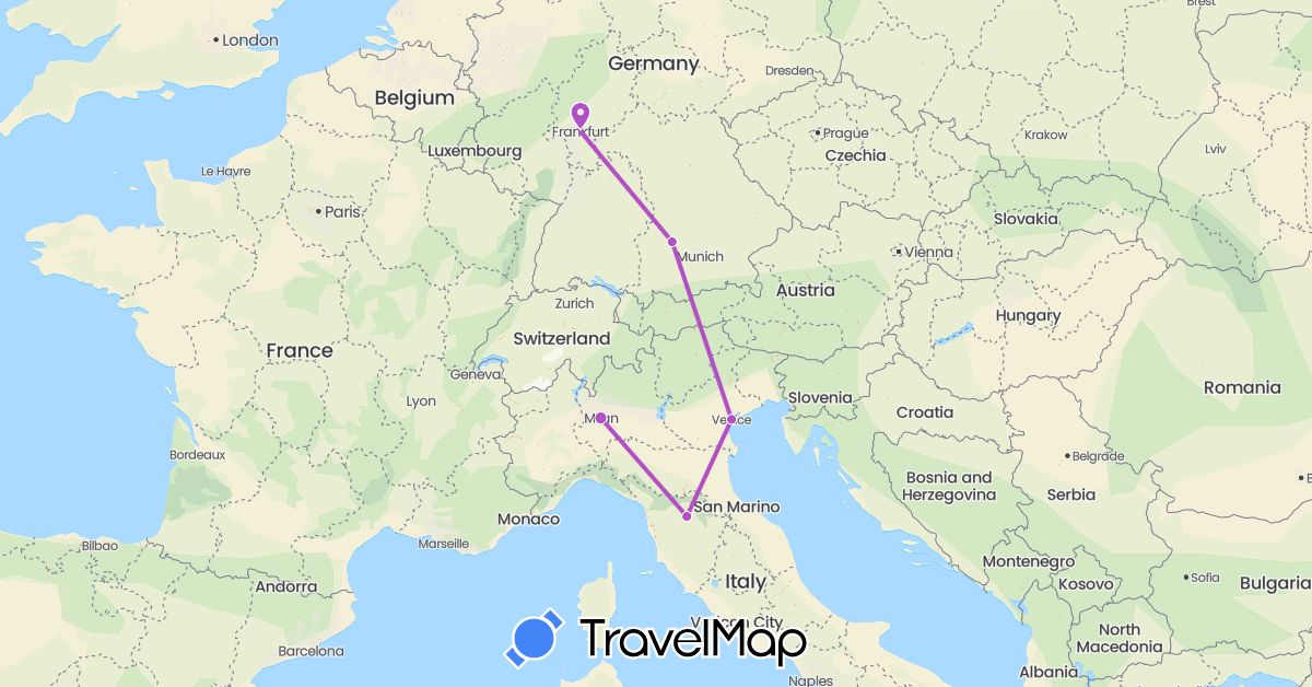 TravelMap itinerary: driving, train in Germany, Italy (Europe)